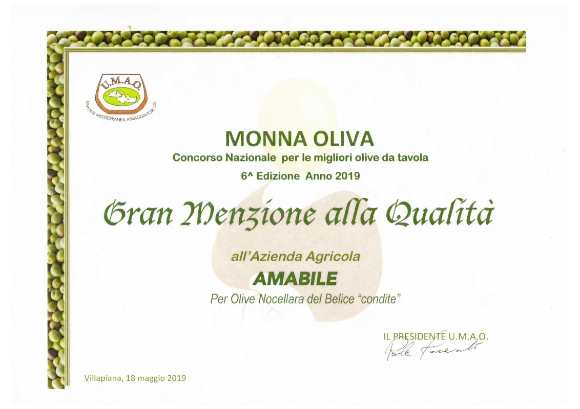 Concorso Monna Oliva 2019, gran mezione qualità per Olive Condite ad Azienda Agricola Amabile